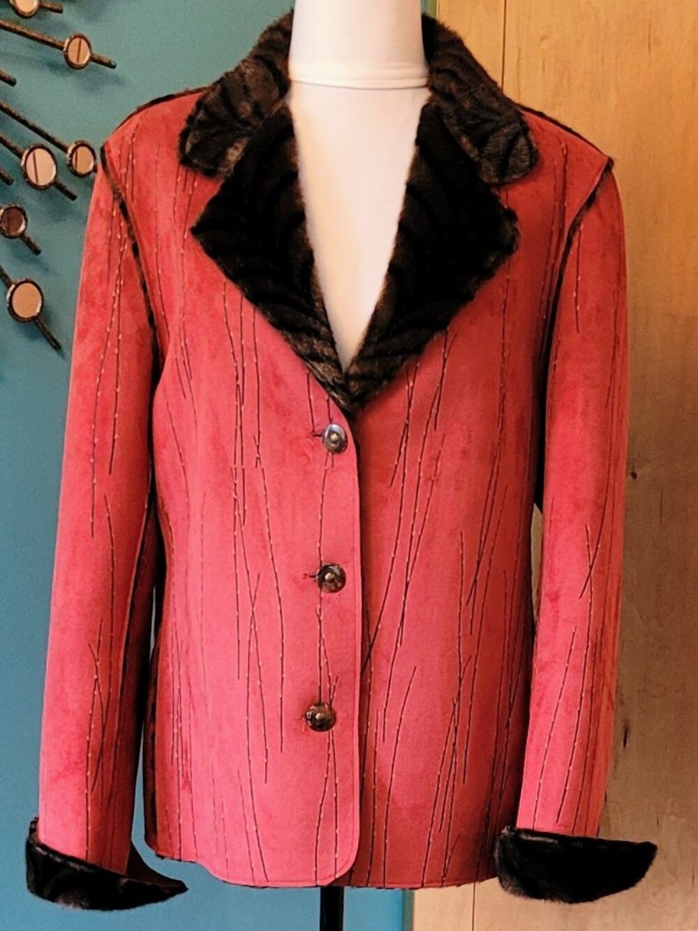NWOT | Robert Kitchen Faux Suede Jacket Faux Fur Lining | Orange, Brown | Large